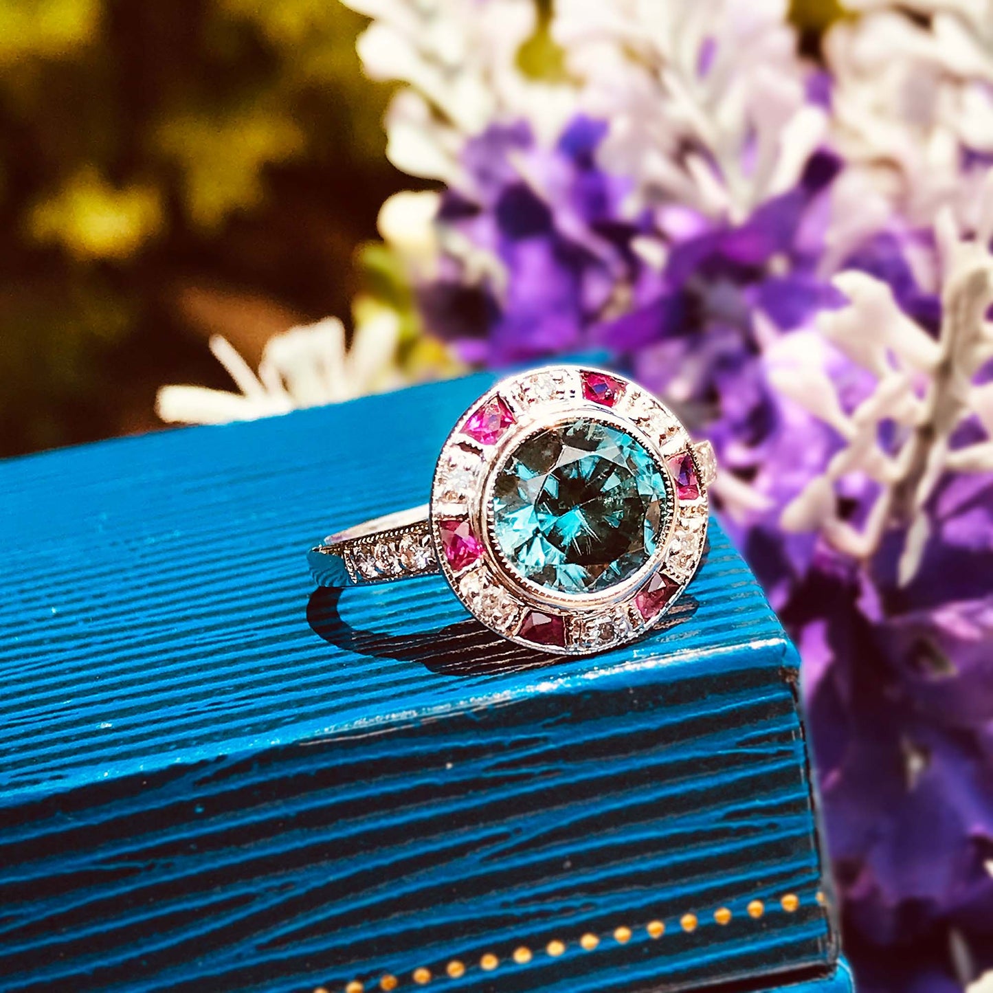 certified blue zircon & diamond ruby art deco style halo set 14k white gold ring