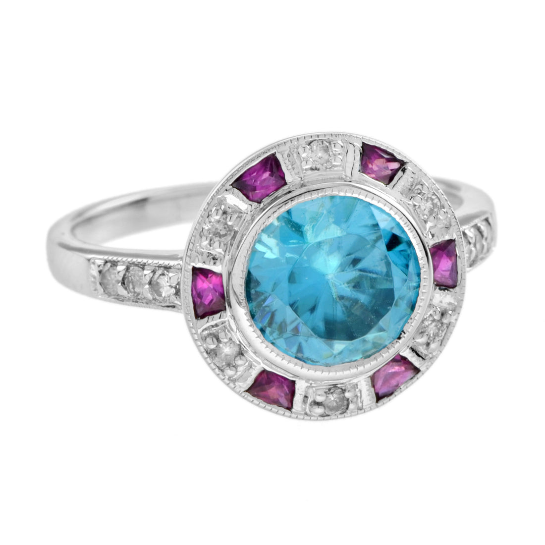 Certified Blue Zircon & Diamond Ruby Art Deco Style Halo Set 14K White Gold Ring