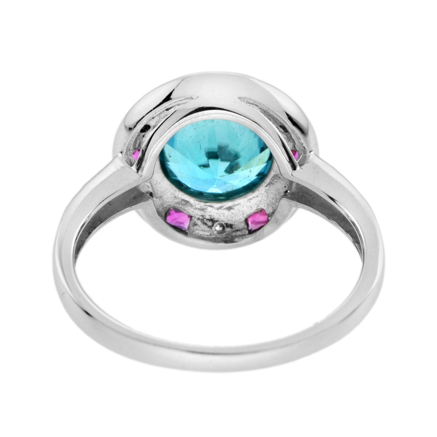 certified blue zircon & diamond ruby art deco style halo set 14k white gold ring