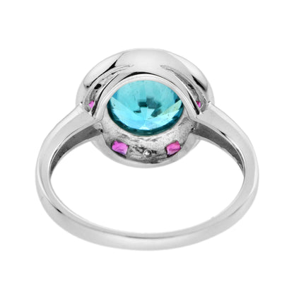 Certified Blue Zircon & Diamond Ruby Art Deco Style Halo Set 14K White Gold Ring
