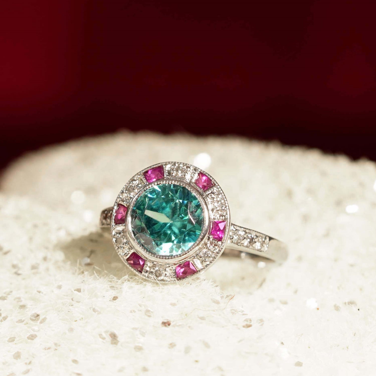 Certified Blue Zircon &amp; Diamond Ruby Art Deco Style Halo Set 14K White Gold Ring