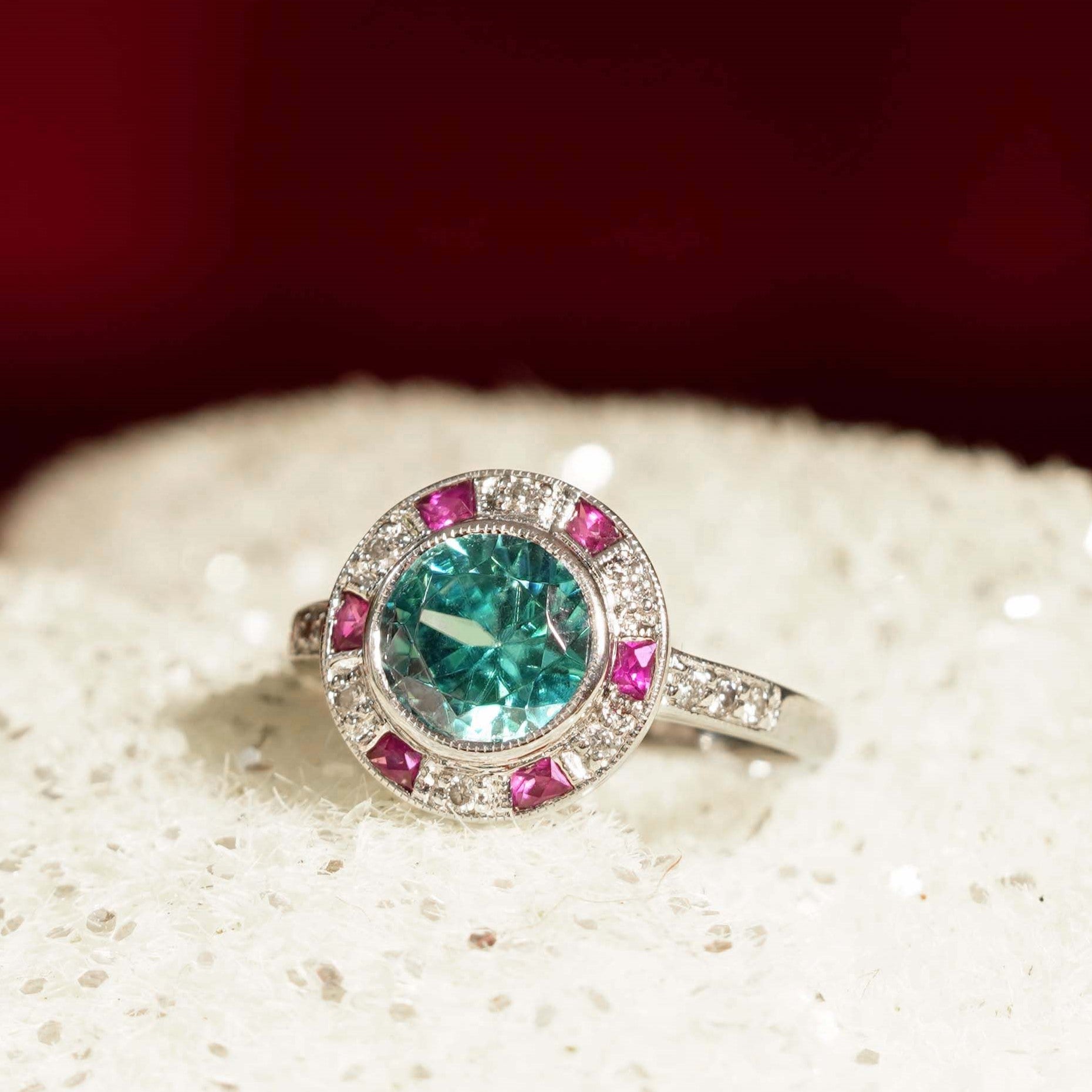 Certified Blue Zircon & Diamond Ruby Art Deco Style Halo Set 14K White Gold Ring