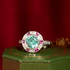 Certified Blue Zircon & Diamond Ruby Art Deco Style Halo Set 14K White Gold Ring