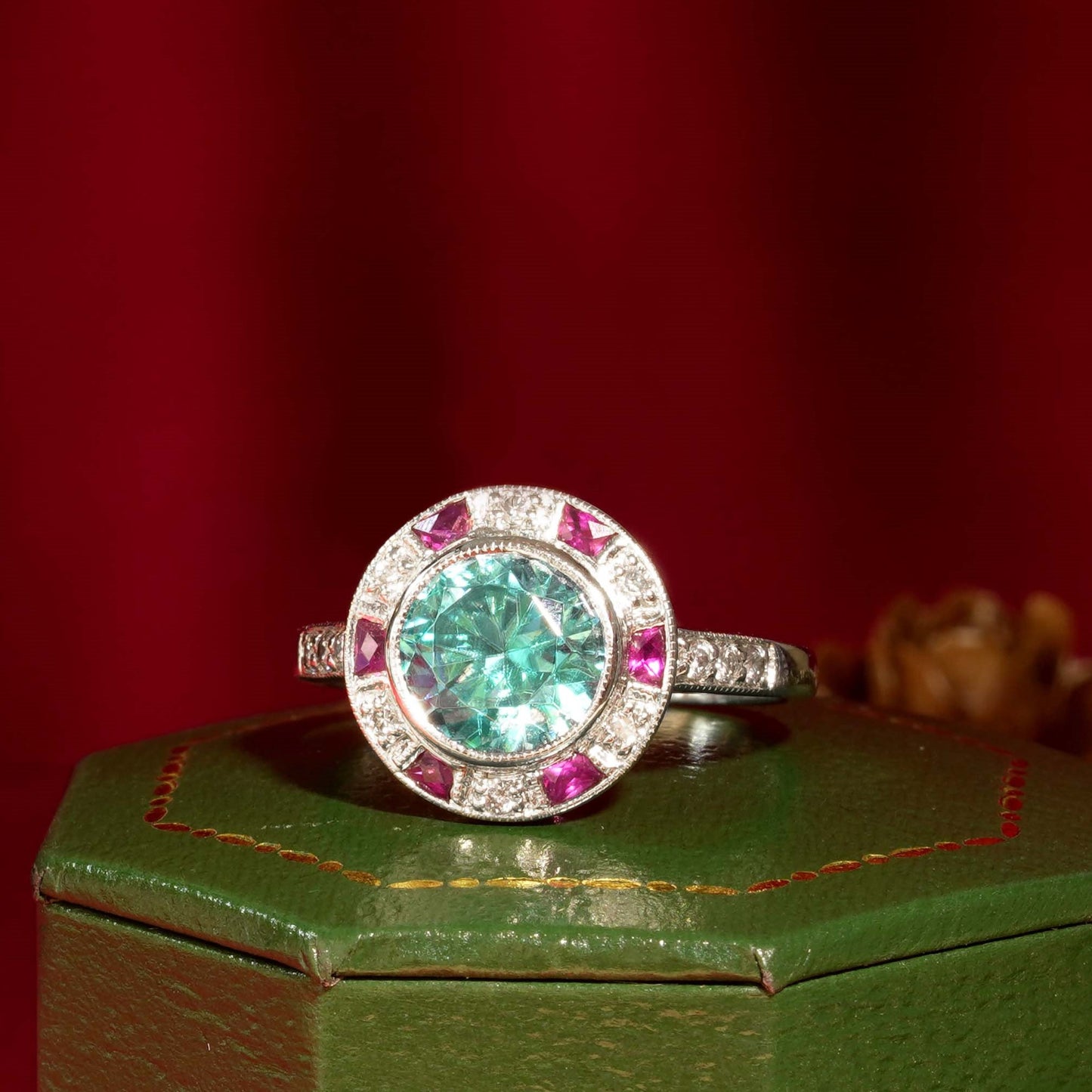 certified blue zircon & diamond ruby art deco style halo set 14k white gold ring
