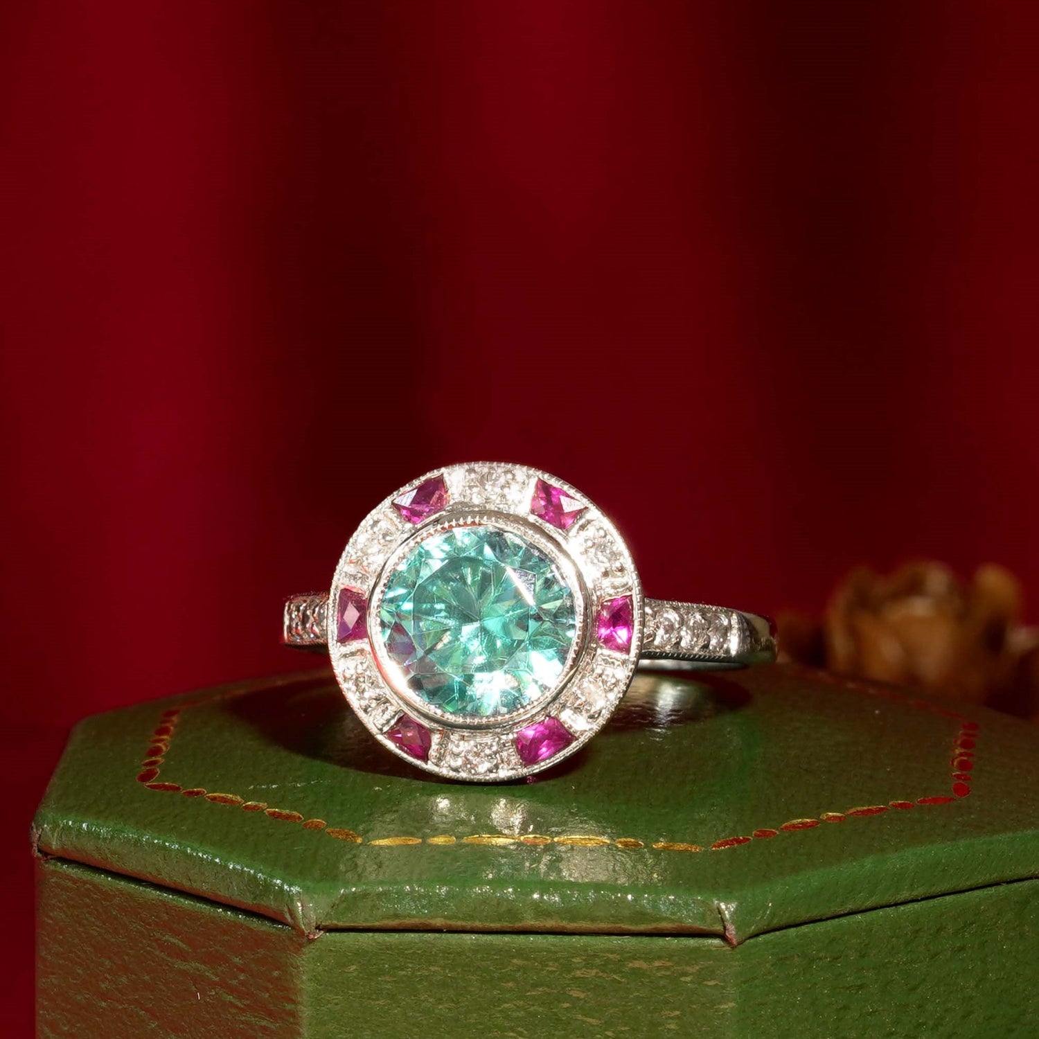 Certified Blue Zircon &amp; Diamond Ruby Art Deco Style Halo Set 14K White Gold Ring