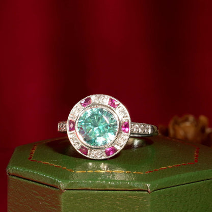 Certified Blue Zircon & Diamond Ruby Art Deco Style Halo Set 14K White Gold Ring