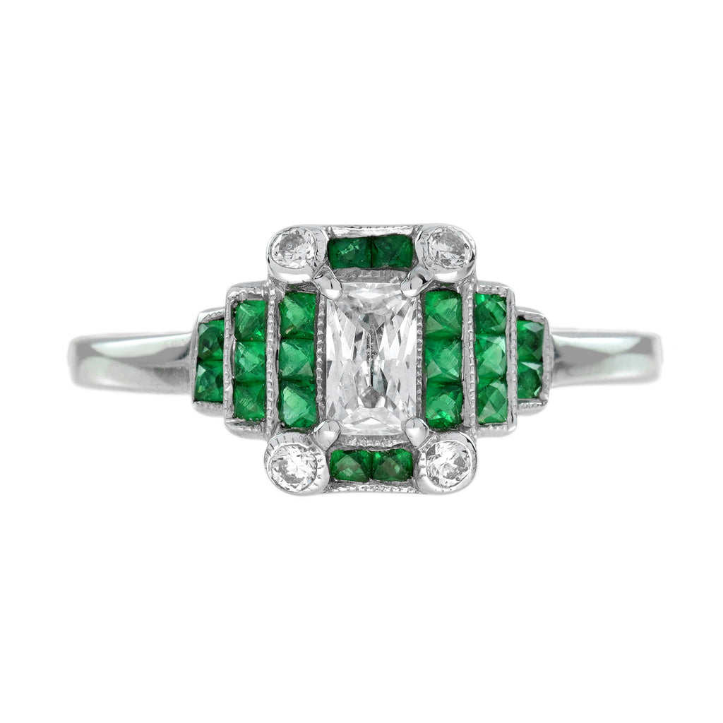 Radiant Shape Diamond & Green Emerald Step  Art Deco Style 14K White Gold Ring