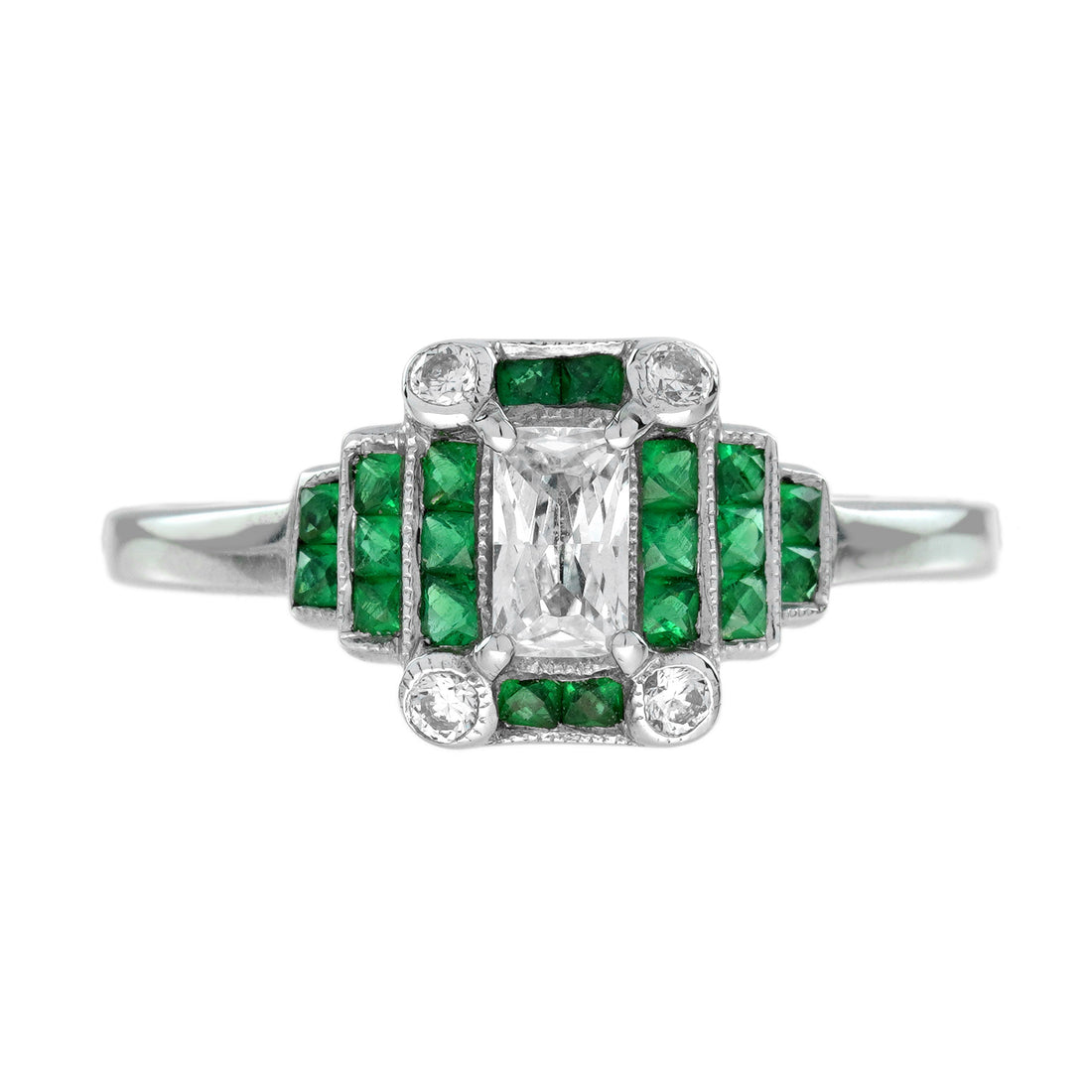 Radiant Shape Diamond &amp; Green Emerald Step  Art Deco Style 14K White Gold Ring