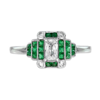 Radiant Shape Diamond &amp; Green Emerald Step  Art Deco Style 14K White Gold Ring