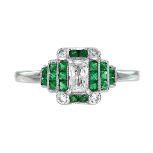 Radiant Shape Diamond & Green Emerald Step  Art Deco Style 14K White Gold Ring