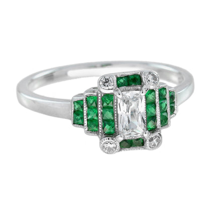 Radiant Shape Diamond &amp; Green Emerald Step  Art Deco Style 14K White Gold Ring