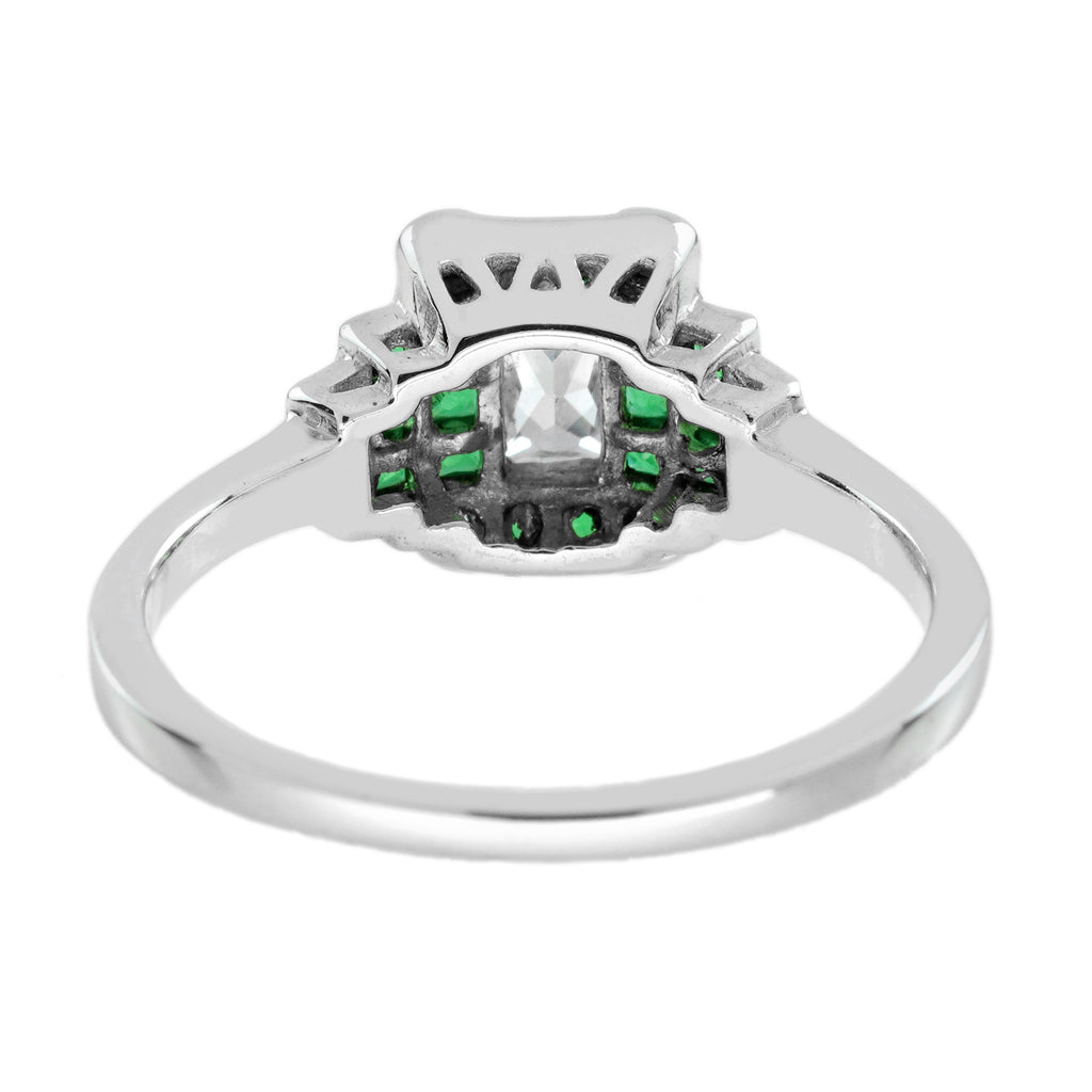 Radiant Shape Diamond & Green Emerald Step  Art Deco Style 14K White Gold Ring