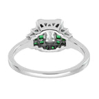 Radiant Shape Diamond & Green Emerald Step  Art Deco Style 14K White Gold Ring
