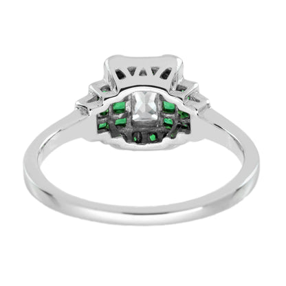 Radiant Shape Diamond &amp; Green Emerald Step  Art Deco Style 14K White Gold Ring