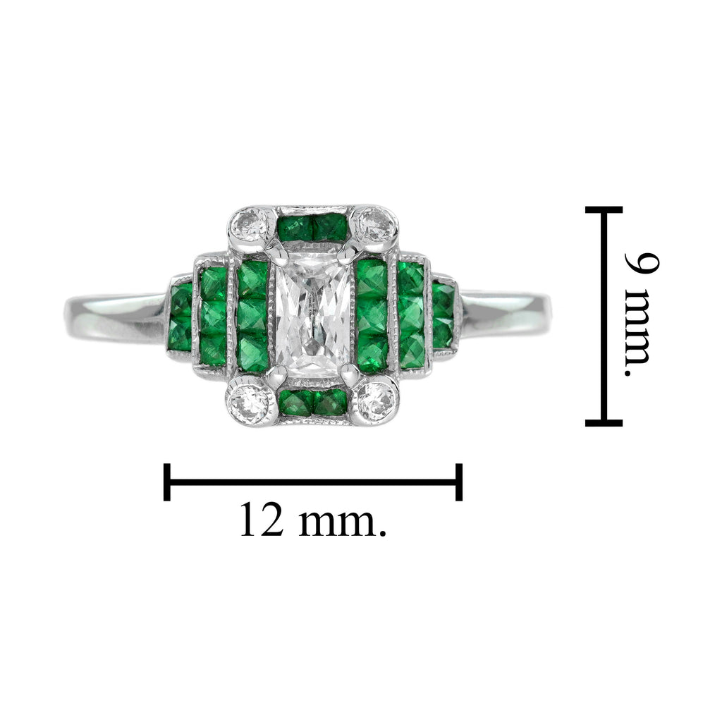 Radiant Shape Diamond & Green Emerald Step  Art Deco Style 14K White Gold Ring