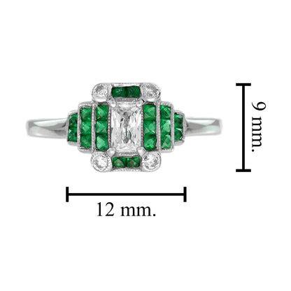 Radiant Shape Diamond &amp; Green Emerald Step  Art Deco Style 14K White Gold Ring