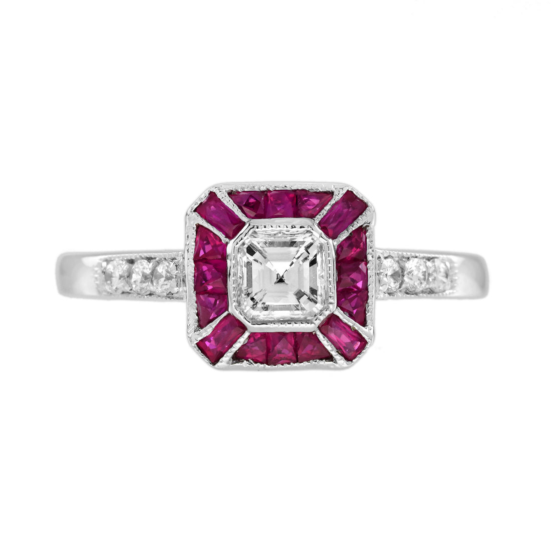Asscher Cut Diamond &amp; Ruby Art Deco Style Statement White Gold Ring