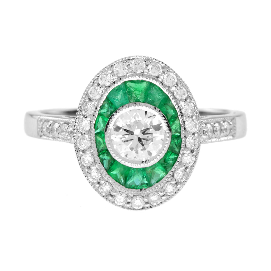 Art Deco Style Diamond French Cut Halo Set Green Emerald Shield White Gold Ring