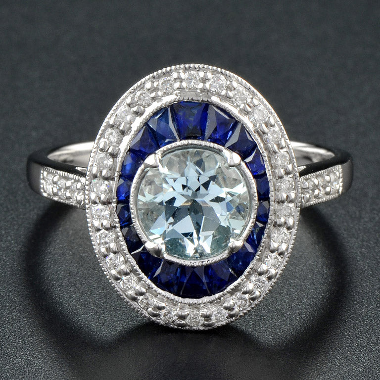 Round Blue Aquamarine &amp; Blue Sapphire Diamond Halo Set 14K White Gold Ring