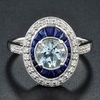 Round Blue Aquamarine & Blue Sapphire Diamond Halo Set 14K White Gold Ring