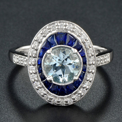 Round Blue Aquamarine &amp; Blue Sapphire Diamond Halo Set 14K White Gold Ring