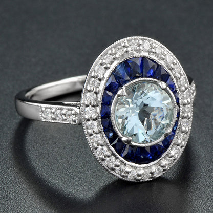 Round Blue Aquamarine &amp; Blue Sapphire Diamond Halo Set 14K White Gold Ring
