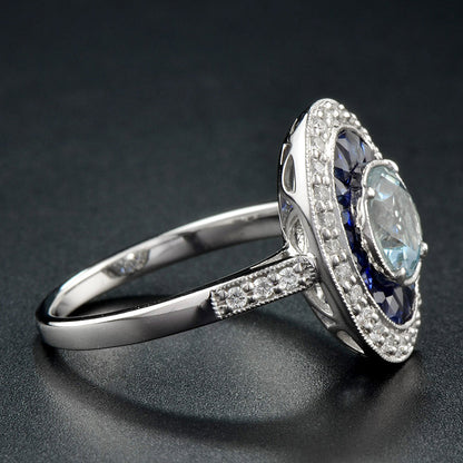 Round Blue Aquamarine &amp; Blue Sapphire Diamond Halo Set 14K White Gold Ring