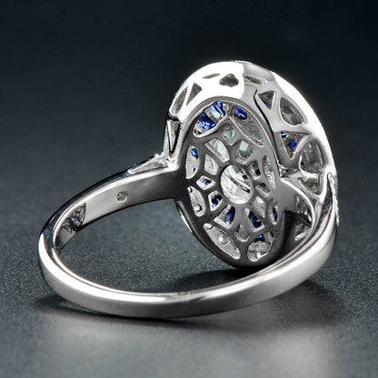 Round Blue Aquamarine &amp; Blue Sapphire Diamond Halo Set 14K White Gold Ring