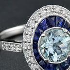Round Blue Aquamarine & Blue Sapphire Diamond Halo Set 14K White Gold Ring