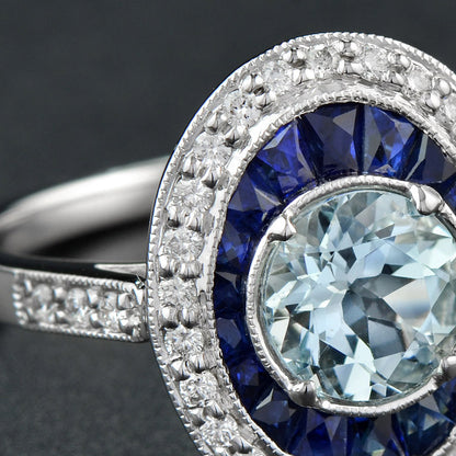 Round Blue Aquamarine &amp; Blue Sapphire Diamond Halo Set 14K White Gold Ring