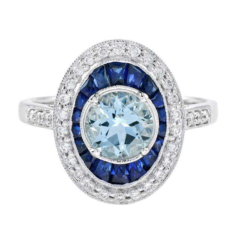 Round Blue Aquamarine &amp; Blue Sapphire Diamond Halo Set 14K White Gold Ring