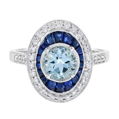 Round Blue Aquamarine &amp; Blue Sapphire Diamond Halo Set 14K White Gold Ring