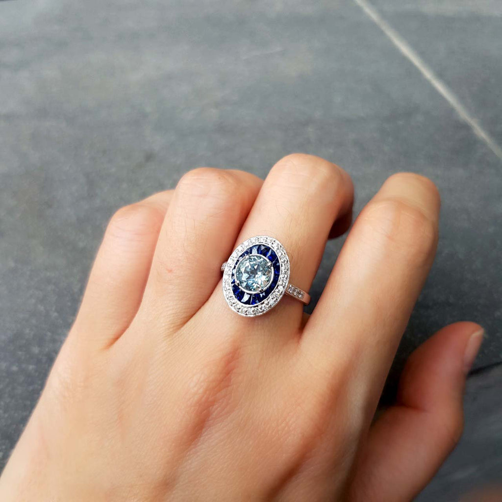 Round Blue Aquamarine & Blue Sapphire Diamond Halo Set 14K White Gold Ring
