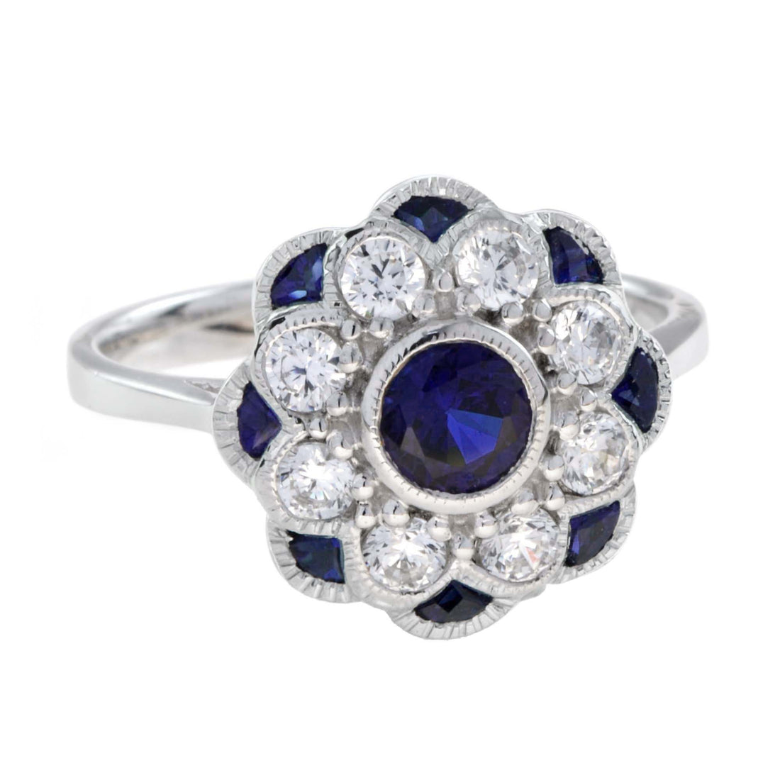 Blue Sapphire & Diamond Art Deco Style Floral Flower Engagement White Gold Ring