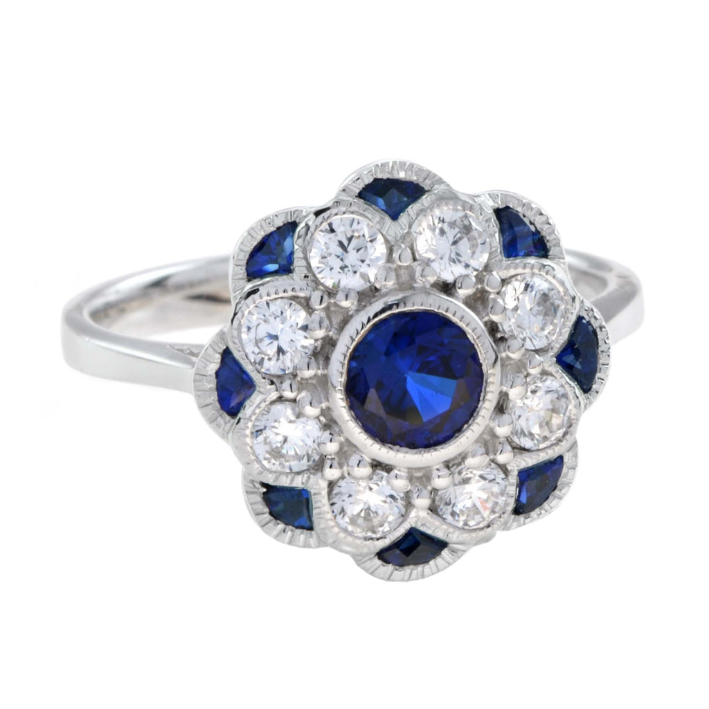 Sapphire & Diamond Ring Stud Earrings Floral Flower White Gold Jewelry Set