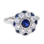 Sapphire & Diamond Ring Stud Earrings Floral Flower White Gold Jewelry Set