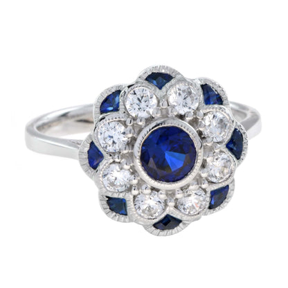 Sapphire &amp; Diamond Ring Stud Earrings Floral Flower White Gold Jewelry Set