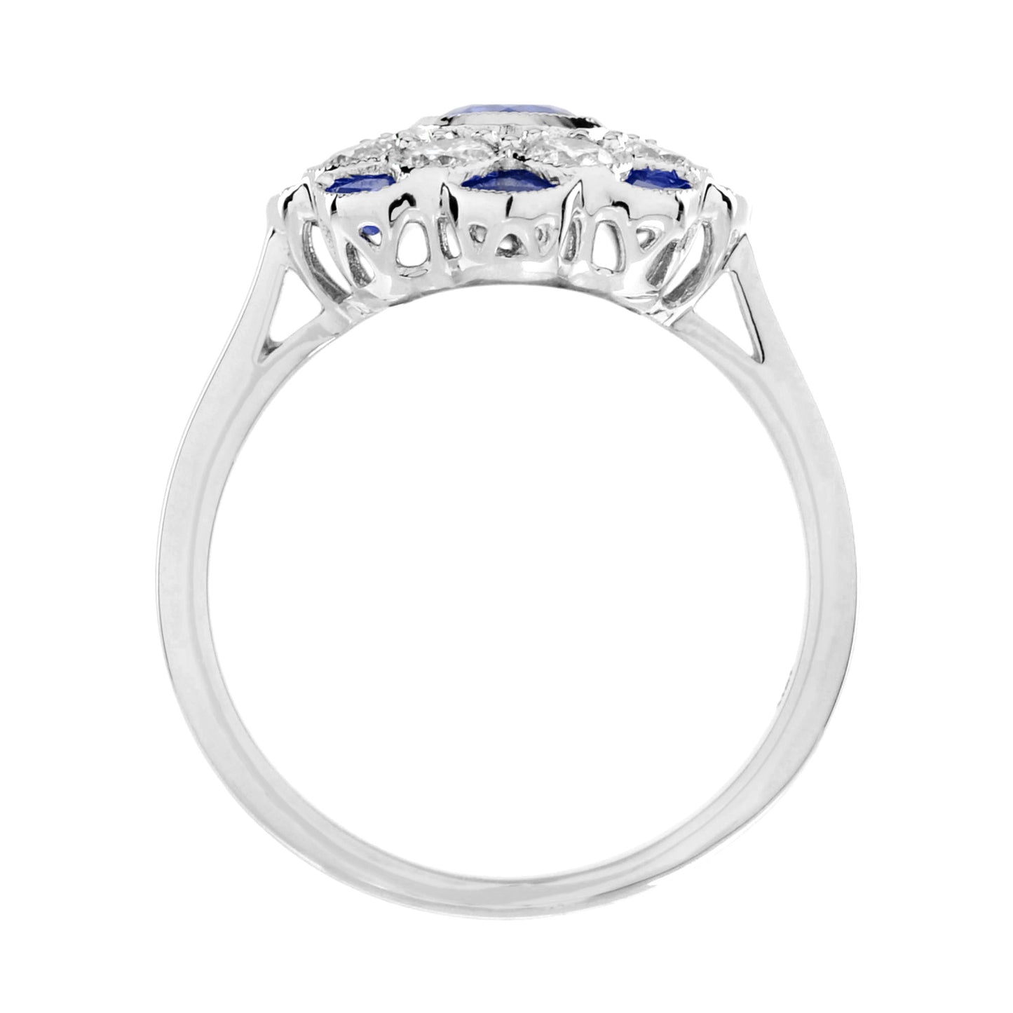 blue sapphire & diamond art deco style floral flower engagement white gold ring