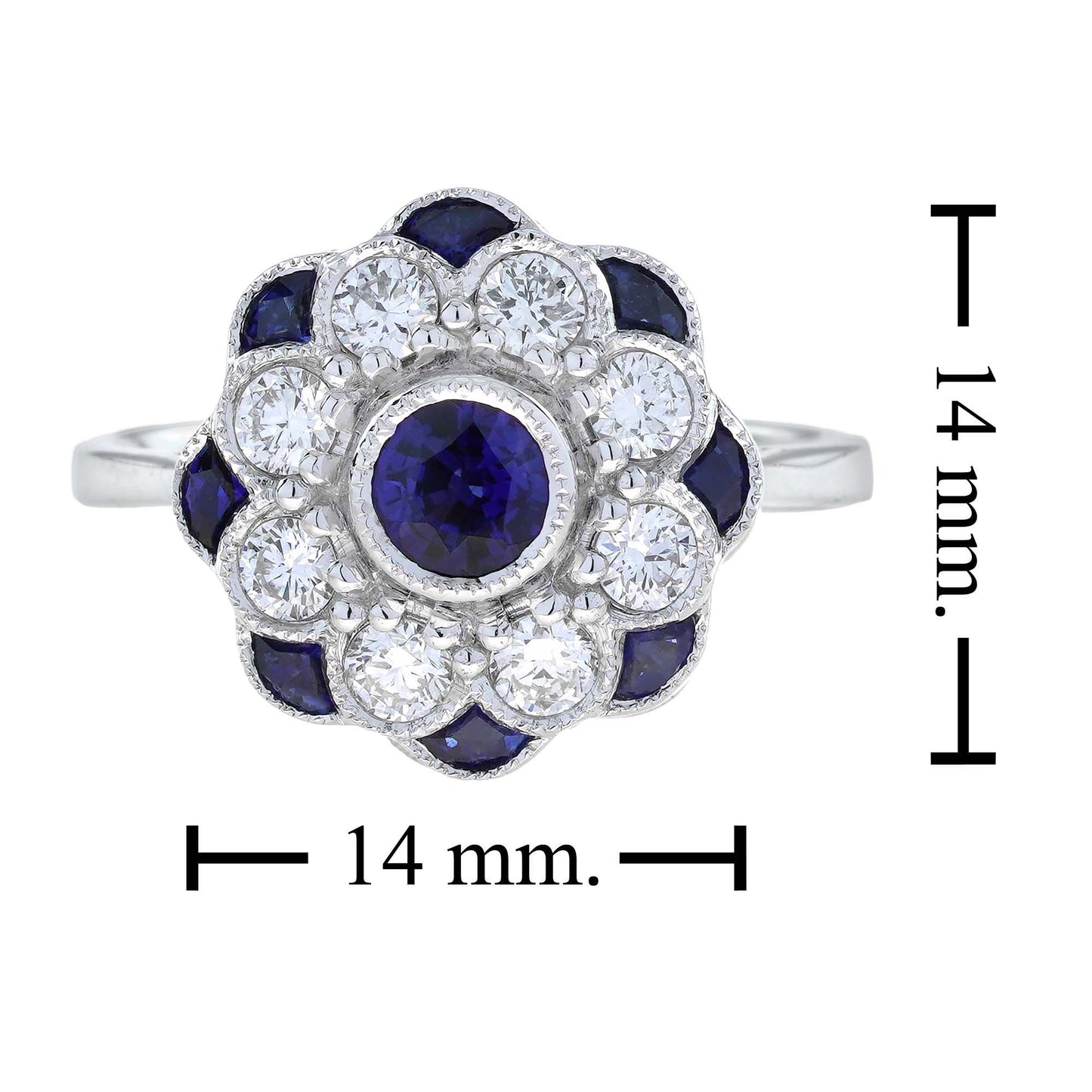 blue sapphire & diamond art deco style floral flower engagement white gold ring