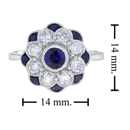 Blue Sapphire & Diamond Art Deco Style Floral Flower Engagement White Gold Ring