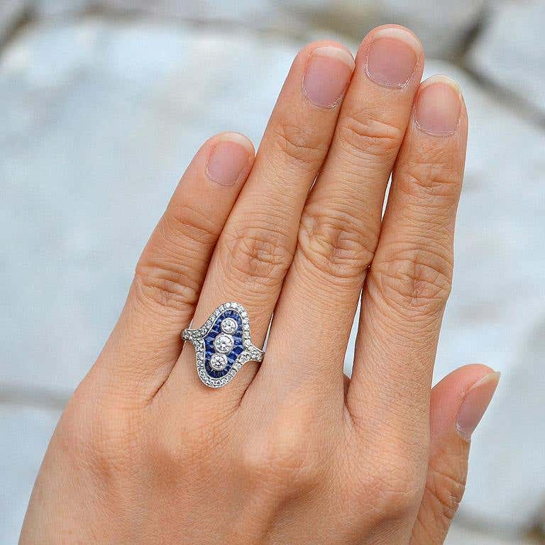 Three Stone French Cut Diamond with Blue Sapphire Cocktail Vintage Style Ring