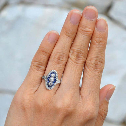 Three Stone French Cut Diamond with Blue Sapphire Cocktail Vintage Style Ring