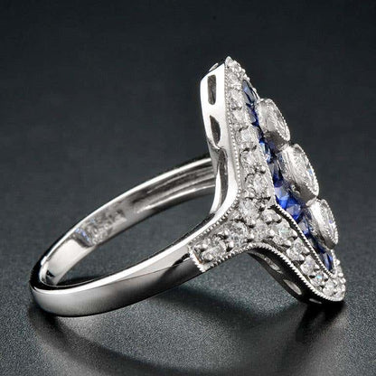 Three Stone French Cut Diamond with Blue Sapphire Cocktail Vintage Style Ring