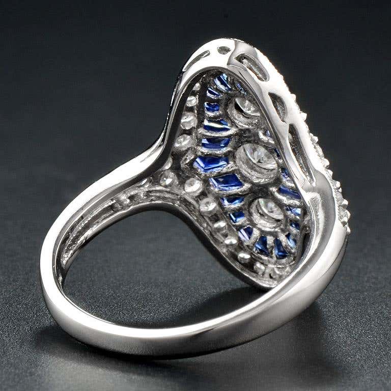 Three Stone French Cut Diamond with Blue Sapphire Cocktail Vintage Style Ring