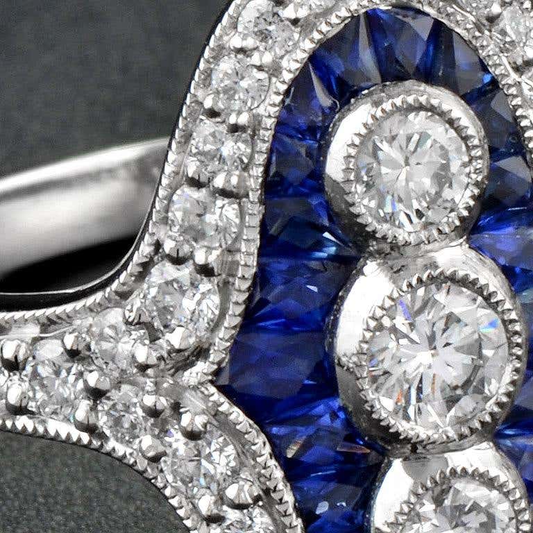 Three Stone French Cut Diamond with Blue Sapphire Cocktail Vintage Style Ring