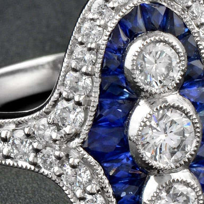 Three Stone French Cut Diamond with Blue Sapphire Cocktail Vintage Style Ring