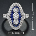 Three Stone French Cut Diamond with Blue Sapphire Cocktail Vintage Style Ring