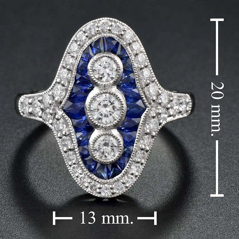 Three Stone French Cut Diamond with Blue Sapphire Cocktail Vintage Style Ring