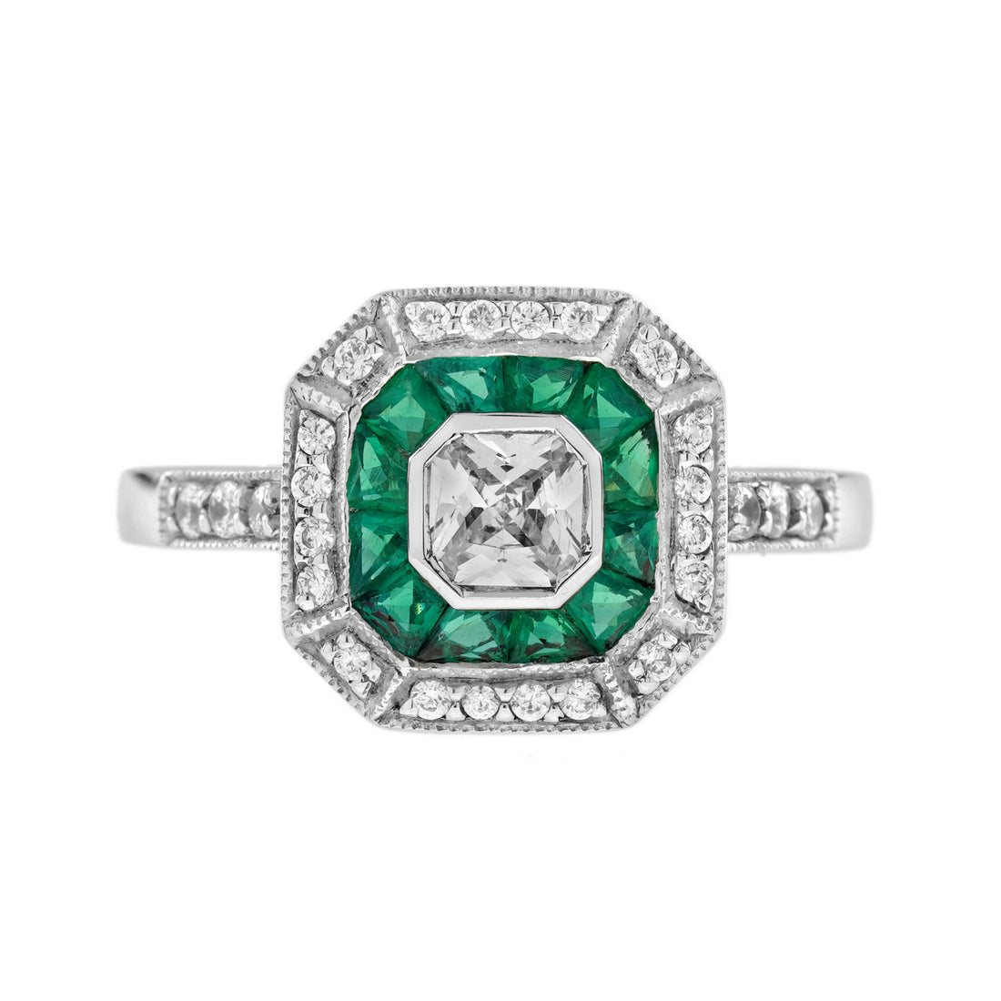 Diamond & Emerald Double Halo Art Deco Style Asscher Shape 14K White Gold Ring