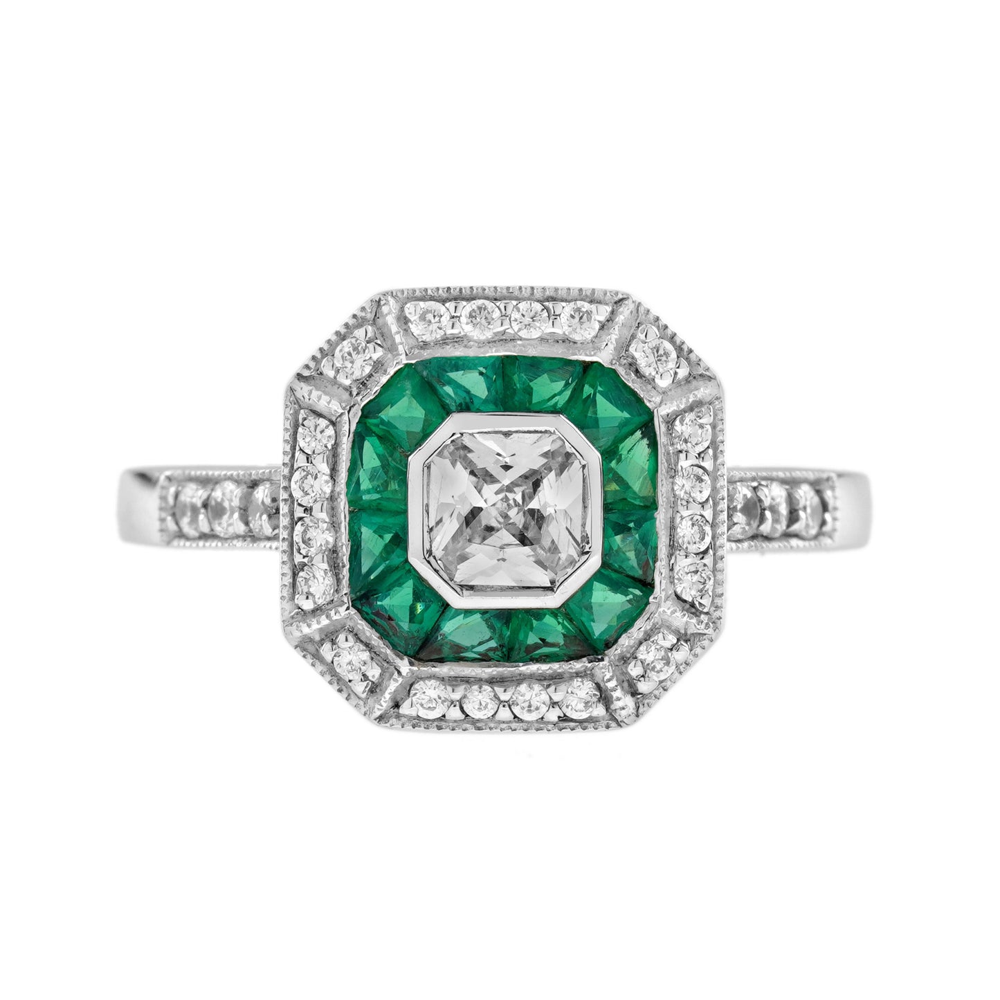 diamond & emerald double halo art deco style asscher shape 14k white gold ring